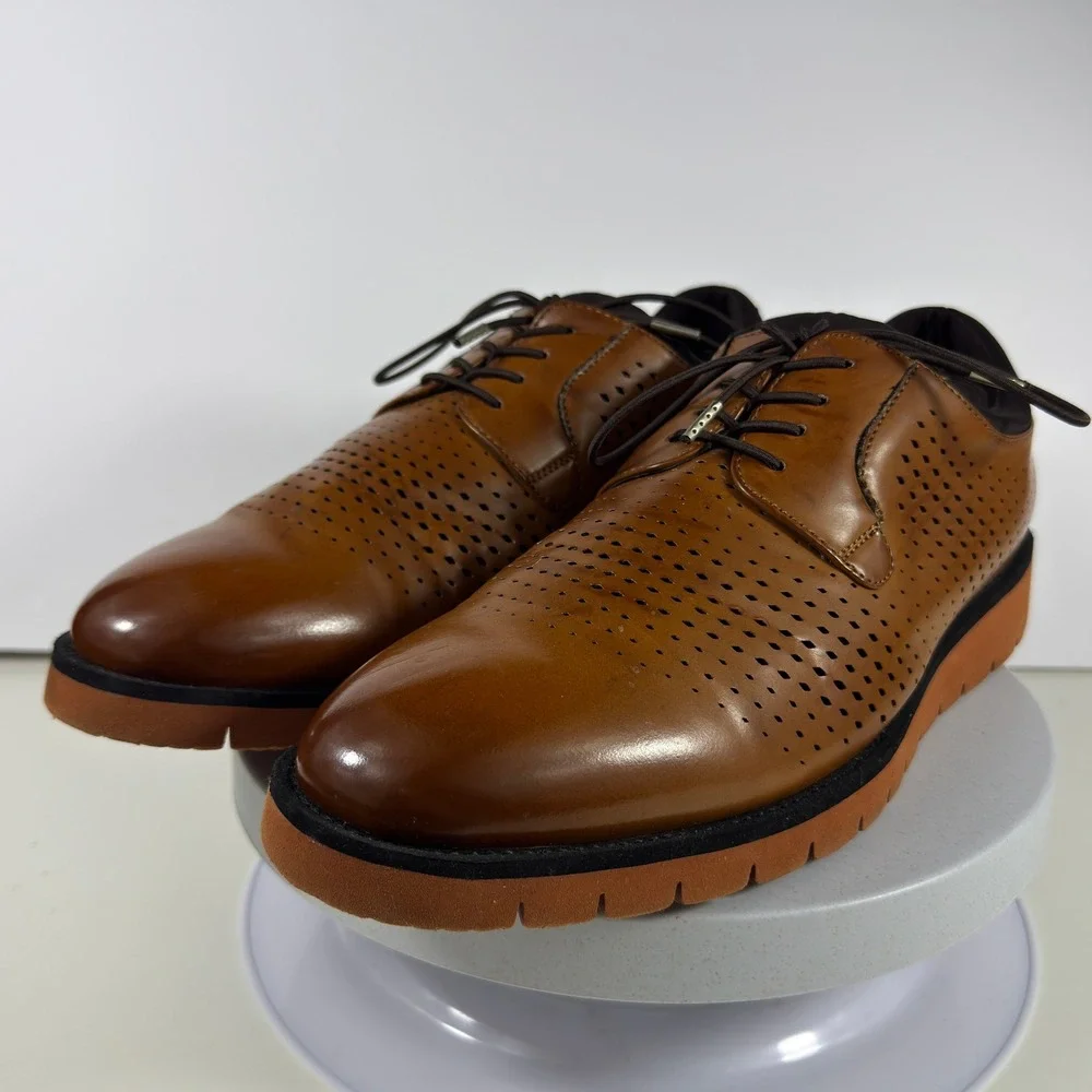 TAYNO Men 10 Cognac Perforated Oxford Vegan Leather Casual Dress Shoes